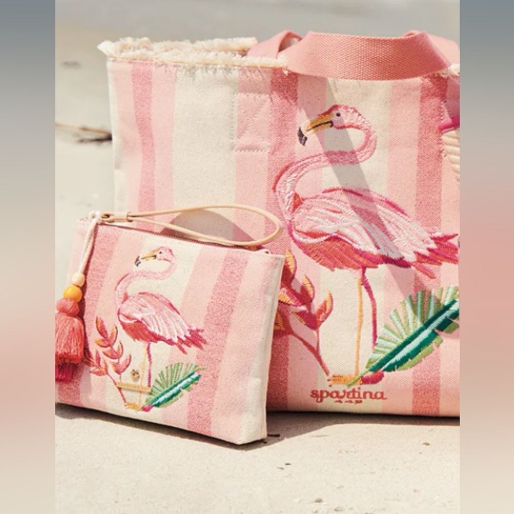 Spartina 449 .. tropical flamingo tote and matching wristlet